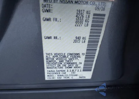 2017 Nissan Altima 2.5/2.5 S/2.5 Sl/2.5 Sr/2.5 Sv z USA, uszkodzony, nr VIN 1N4AL3AP6HC118711